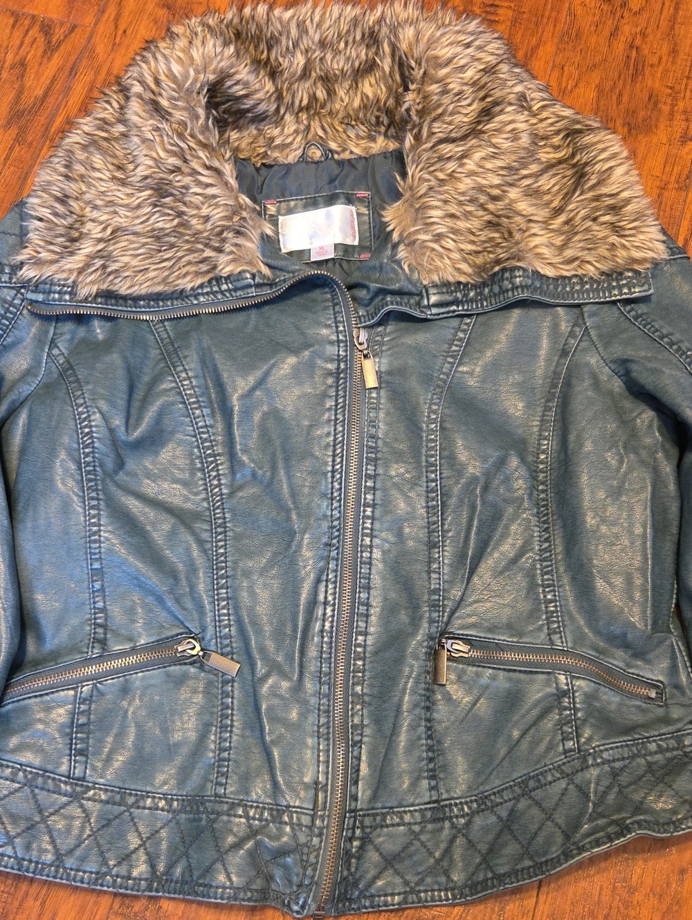 Denim Blue Faux Leather Jacket with Faux Fur Collar NWOT